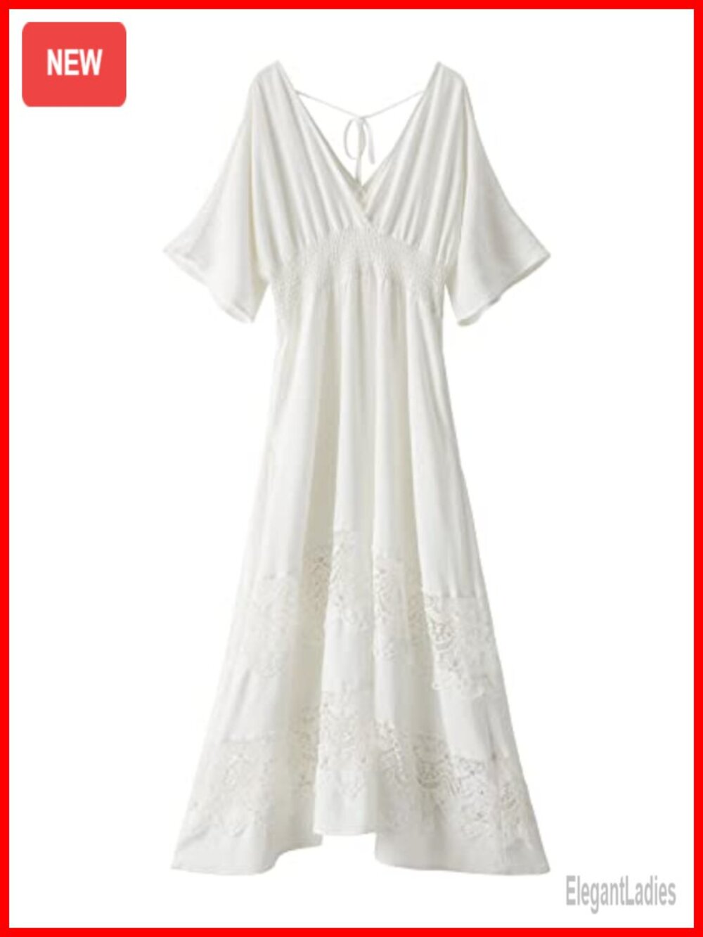 Boho Lace Maxi Dress V Neck Short Sleeve Smocked Waist Flowy Ankle Length